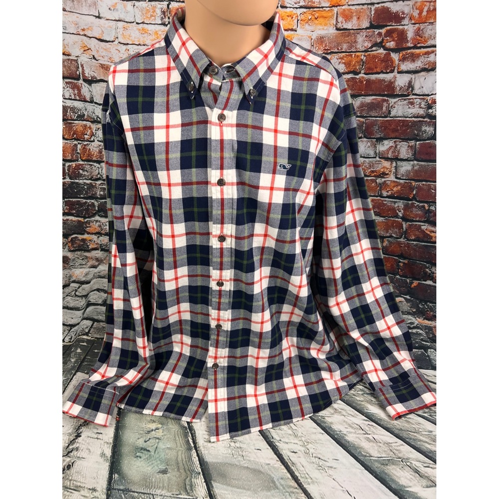 Vineyard Vines Mens XXL Classic Fit Whale Shirt Plaid Cotton Flannel Navy Red - Picture 1 of 5